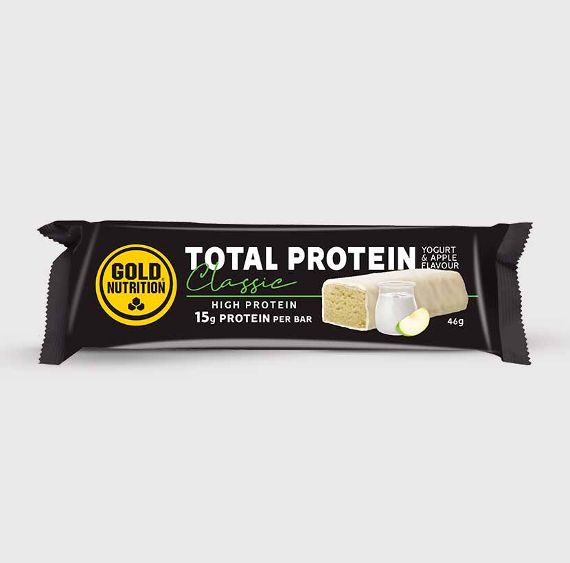 GoldNutrition Total Protein Classic Bar chocolate package nutrition label view.