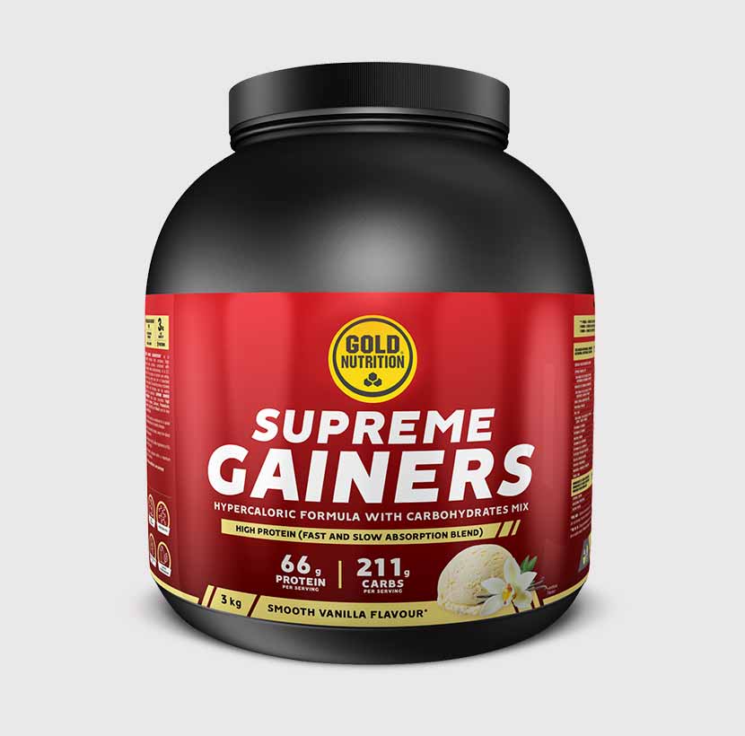 GoldNutrition Supreme Gainers protein and carbohydrate powder packaging front view.