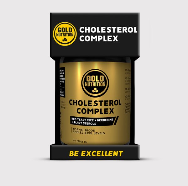 GoldNutrition Cholesterol Complex vitamins and supplements bottle with colorful label and capsules inside.