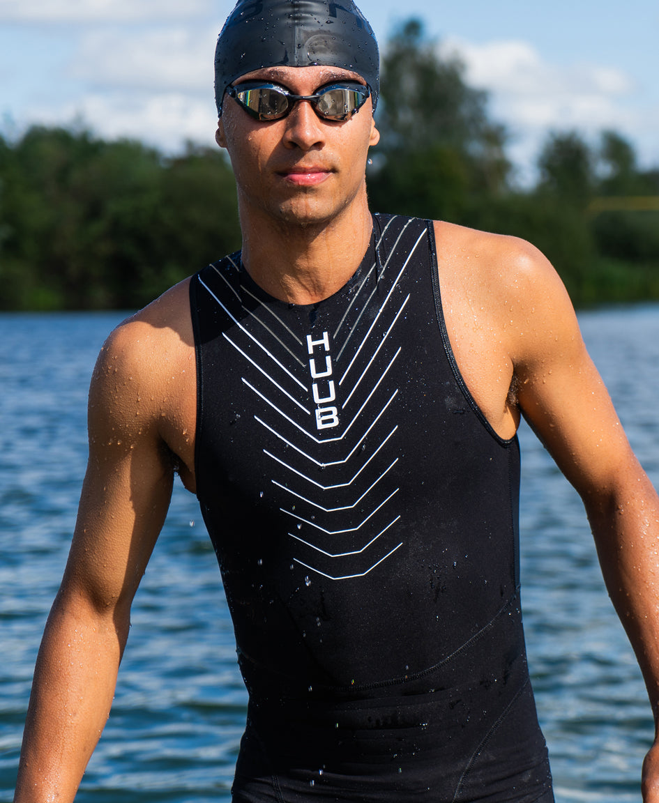 HUUB men's swimskin back view showing zipper placement and race-suit panel layout
