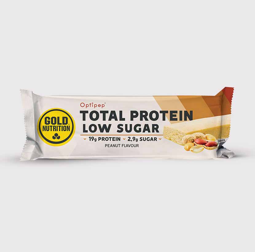 GoldNutrition Total Protein Low Sugar Bar wrapper showing protein bar branding.