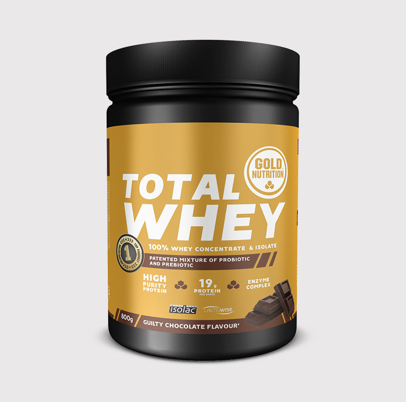 GoldNutrition Total Whey 800g protein powder tub in vanilla flavour showing the front label.
