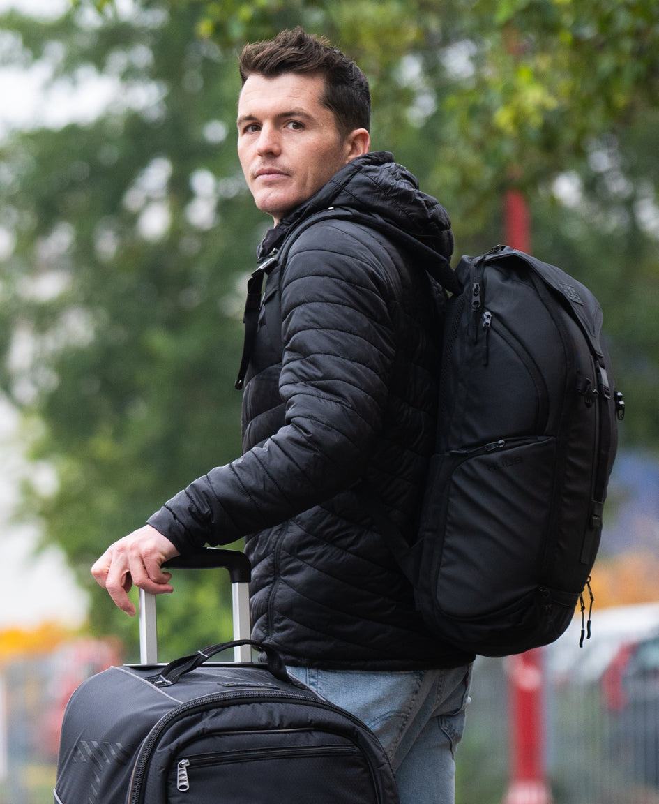 HUUB Travel Backpack – 24L commuter laptop bag, waterproof, helmet net, large clam opening, side handles