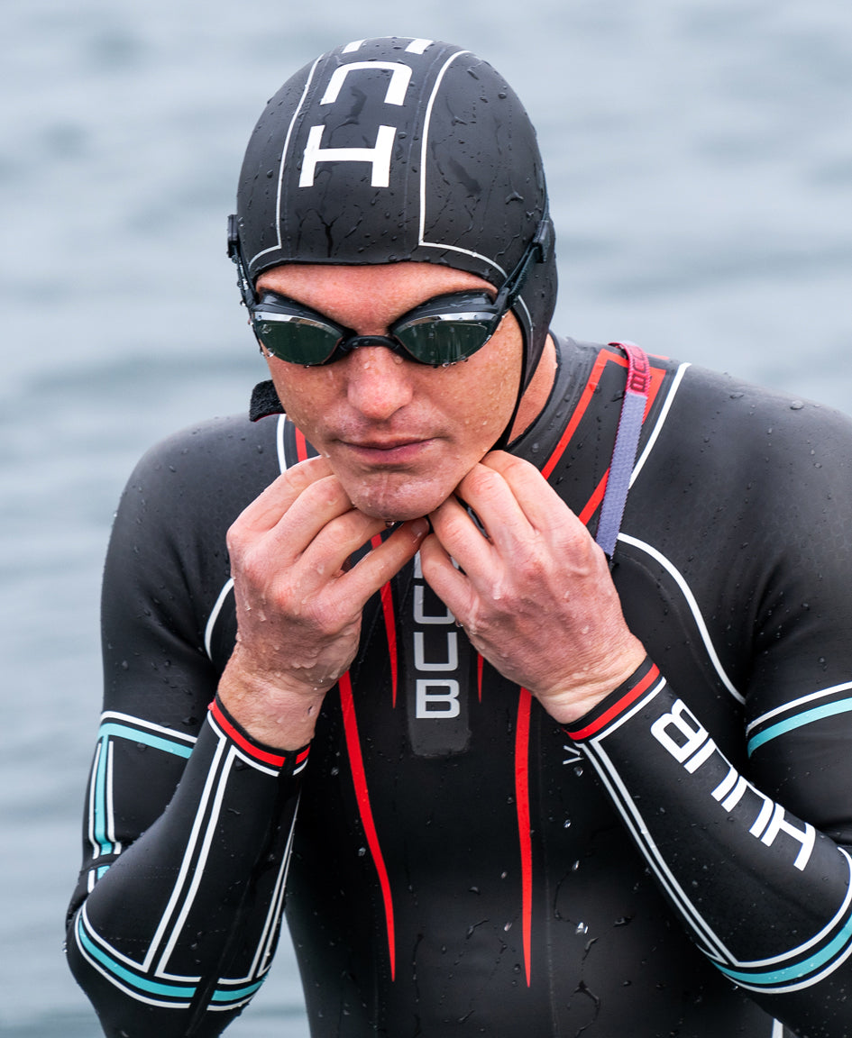 HUUB Neoprene Skull Cap thermal swim hat with adjustable strap for cold water swimming.